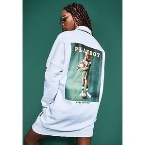 Playboy x Missguided Grey Oversized Sweatshirt Dress V-Neck Graphic US 6